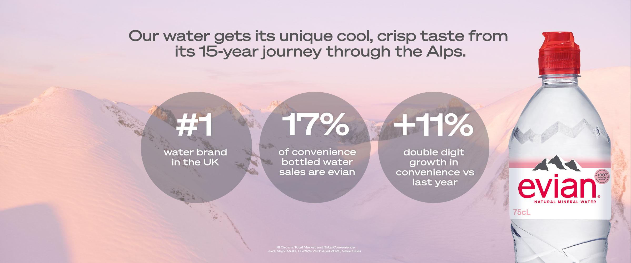 Our water gets its unique cool, crisp taste from its 15-year journey through the Alps